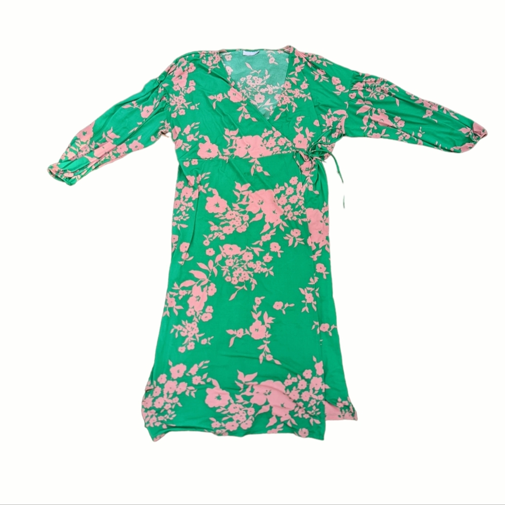 Green and Pink Floral Summer Long Sleeve Wrap Dress by ASOS Design Curve Size 52